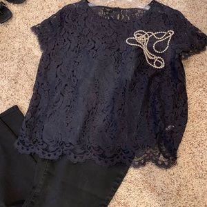 Lace Dressy Top. Talbots Size 16P Navy and Green